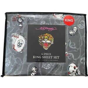Ed Hardy King Sheet Set 4-Piece Skulls Dice Cards Gray Bedding NEW